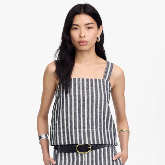Madewell Linen Blend Stripe Squareneck Crop Tank Top Navy White XL NWT Summer